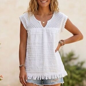 Tribal White Boho Fringe Hem Crochet Textured Towel Distressed Coastal Coverup